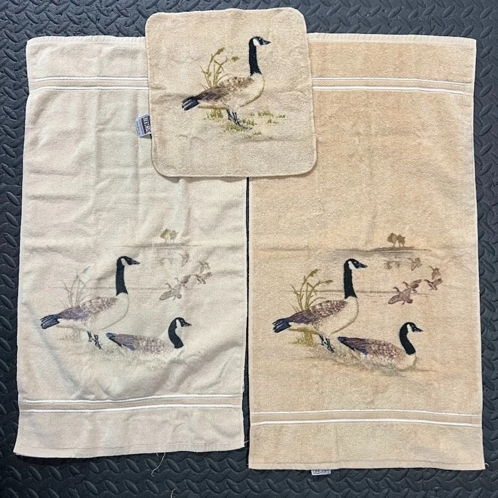 Vintage Utica Canadian Goose Towel Set 3 Pc Bath Hand Washcloth‎ 80s Retro Cabin